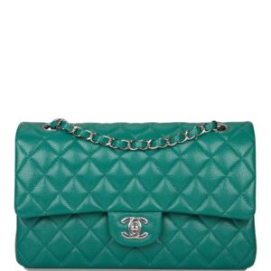 Chanel Shiny Green Quilted Caviar Medium Classic Double Flap Bag Silver Hardware