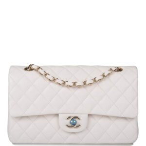 Chanel White Quilted Caviar Medium Classic Double Flap Bag Gold Hardware