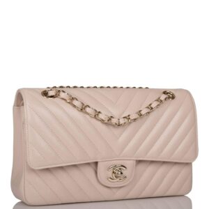 Chanel Shiny Beige Chevron Caviar Medium Classic Double Flap Bag Light Gold Hardware