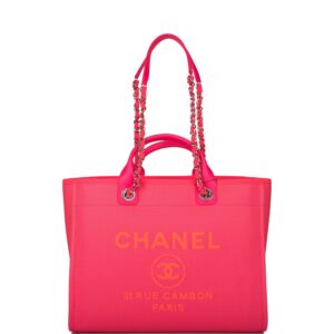 Chanel Neon Pink and Orange Mixed Fibers Large Deauville Shopping Bag Silver Hardware