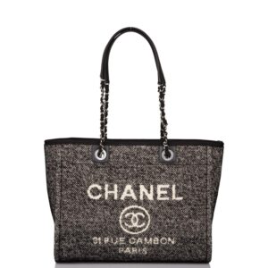 Chanel Small Deauville Shopping Bag Black Wool Silver Hardware