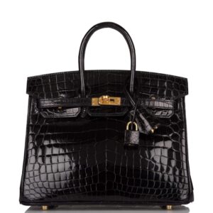 Hermes Black Shiny Niloticus Crocodile Birkin 25cm Gold Hardware