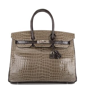 Hermes  Birkin 35cm Bi-Color Gris Tourterelle and Graphite Shiny Porosus Crocodile Brushed Palladium Hardware