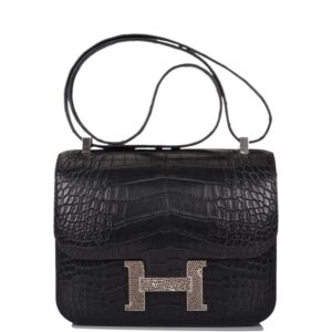 Hermes Black Matte Alligator and Ombre Lizard Marquette Constance 24cm Palladium Hardware