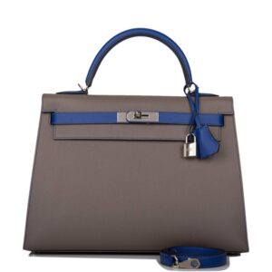Hermes Kelly 32cm Bi-Color Etain and Bleu Electric Epsom Sellier Palladium Hardware
