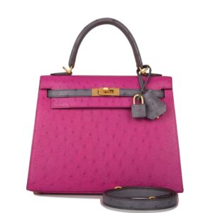 Hermes Horseshoe Stamp (HSS) Bi-Color Rose Pourpre and Gris Agate Ostrich Sellier Kelly 25cm Brushed Gold Hardware