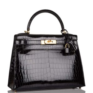 Hermes Black Shiny Niloticus Crocodile Sellier Kelly 28cm Gold Hardware