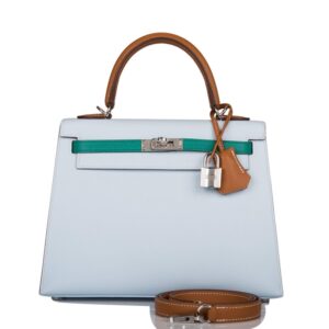 Hermes Tri-Color Bleu Brume, Vert Jade and Gold Epsom Sellier Kelly 25cm Palladium Hardware